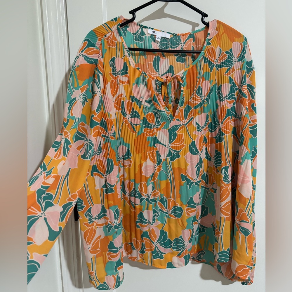 DR2 Floral Pleated Tie-Neck Blouse - Yellow, Teal, Pink